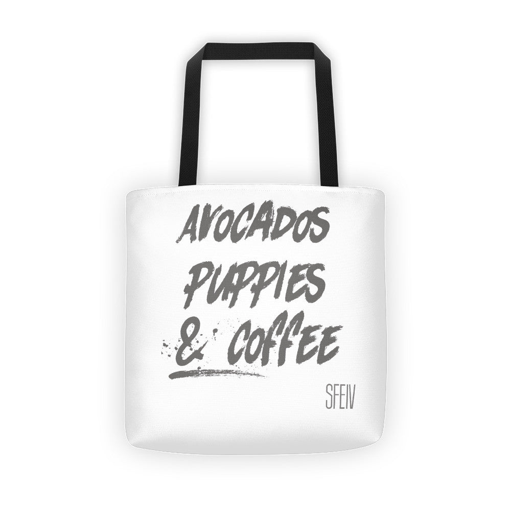 Avocados Puppies and Coffee SFELV Tote bag