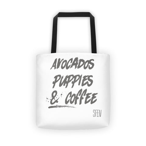 Avocados Puppies and Coffee SFELV Tote bag